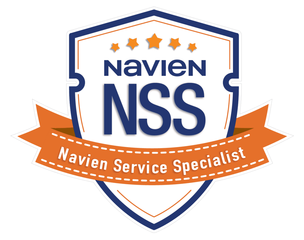 Navien NSS service specialist badge on a navy shield with an orange ribbon and stars.