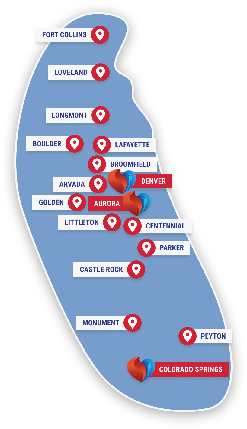 Blue map outline of Colorado with white label banners and red location pins marking cities: Fort Collins, Loveland, Longmont, Boulder, Lafayette, Broomfield, Arvada, Denver, Golden, Aurora, Littleton, Centennial, Parker, Castle Rock, Monument, Peyton, and Colorado Springs.