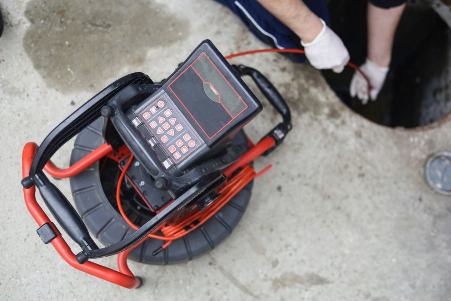 A sewer camera inspecting a sewer line
