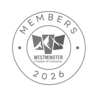 Circular Westminster Chamber of Commerce Members badge for 2026 with geometric center logo and two small dots on sides